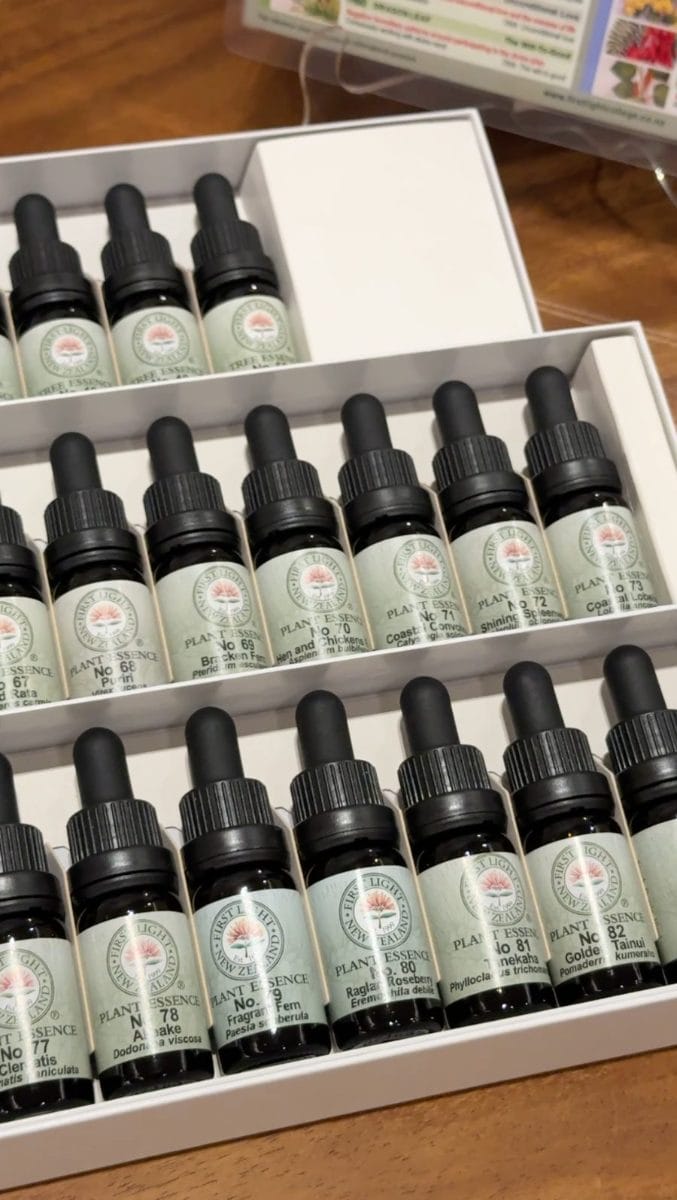 Numbered First Light Flower Essences of New Zealand stock bottles in their trays